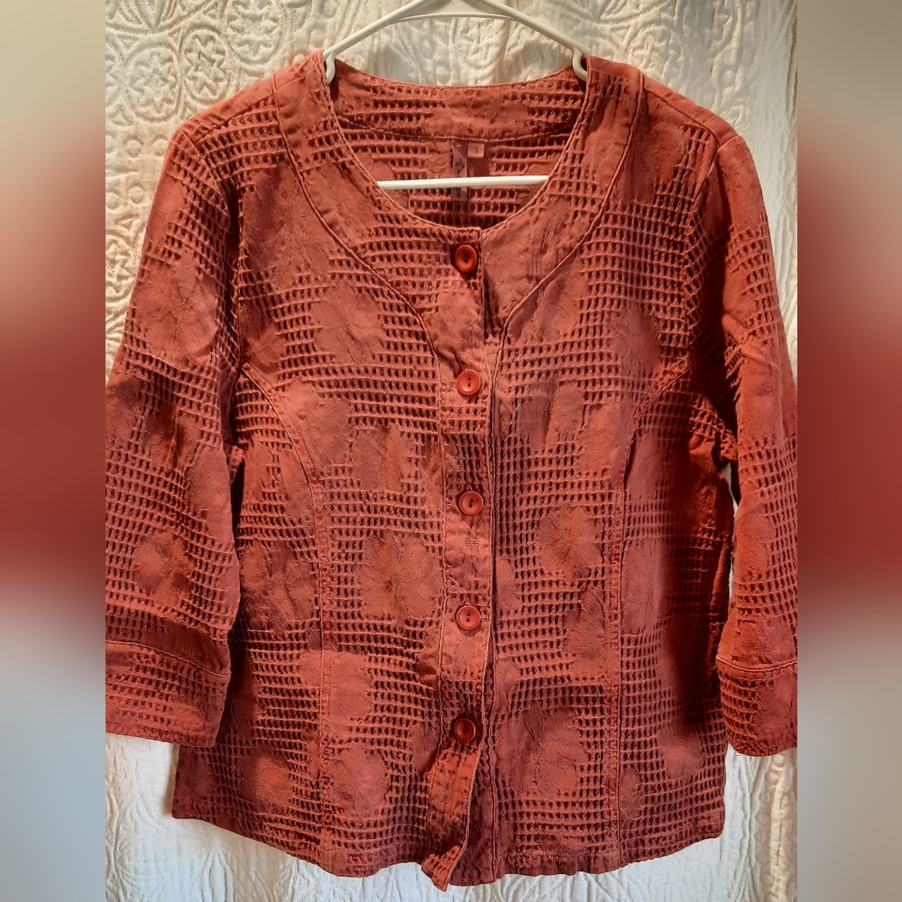 Focus Womans Sweater Small Rust Red Textured Cardigan Bohemian Hippie